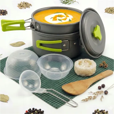 Produktbild von Wander- Und Camping-Kochgeschirr-Set: Topf, Pfanne, Schüsseln, Etui, 9-Teilig