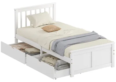 Productafbeelding van HOMCOM bed, 90 x 200 cm, bedframe met houten lattenbodem, lade en hoofdeinde