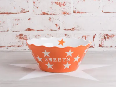 Produktbild von Krasilnikoff SWEETS Schale ORANGE mit weißen Sternen Keramik Schüssel