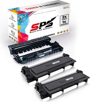 A product shot of toner cartridges and a drum unit, with packaging in the background.