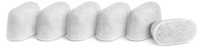 A group of six white water filters arranged in a row against a white background, with one filter slightly separated from the others.