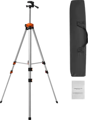 A tripod and a carrying case are displayed against a white background.