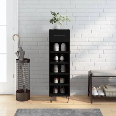 Immagine prodotto di Armadio per scarpe in materiale composito di legno, colore nero, dimensioni 30 x 35 x 105 cm, ideale per l'organizzazione e il deposito di scarpe