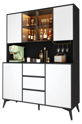 Image de Armoire haute vitrine avec porte en verre, meuble de cuisine 120x40x160 cm, meuble de salle à manger, buffet avec éclairage LED, porte-verres et 3 tiroirs, noir et blanc
