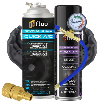 Produktbild von INfloo Quick A/C R1234yf Gas 185 g + Schlauch mit Manometer + YF-Adapter + Klima-Erfrischer 200 ml
