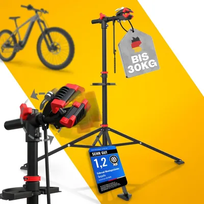 Produktbild von Tarpofix Fahrrad Montageständer bis 30 kg für E-Bike Reparaturständer höhenverstellbar 98-155 cm klappbar 360 Grad Rot