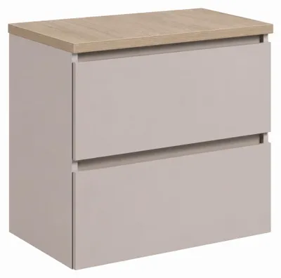 Produktbild von Badezimmerschrank hängend 60 mit Schubladen, Korpus in Kaschmir + Platte in Eiche hell, mit Griffen, 60 x 46 x 58,6 cm, KI-generiertes Bild