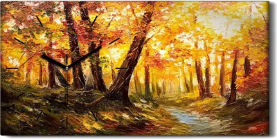 Produktbild von Wanduhr Uhr Wandbild Leinwand 60x30 Gemälde Wald Bäume Herbst Blätter Natur - schwarze Hände