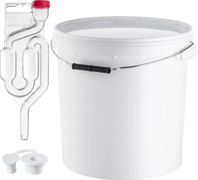 A white plastic bucket with a handle and a clear fermentation lock with a red cap are shown against a white background.