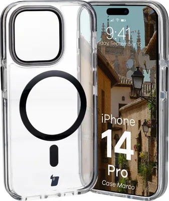 Produktbild von Bizon Case Marco Magnetische Ringhülle für iPhone 14 Pro, Transparent mit schwarzem Rahmen