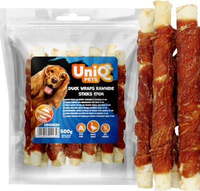 Image de UNIQ PETS Bâtonnets en peau de bœuf avec canard 17 cm - Friandise naturelle à mâcher pour chiens, 10 pièces (500 g)