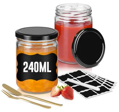 Obrázek produktu pro Sady sklenic na marmeládu – sklenice na zavařování – 12 kusů – objem 240 ml – černá víčka – vzduchotěsné – sklo vhodné pro styk s potravinami – štítky a pero