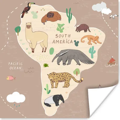 Produktbild von MuchoWow® Poster Tiere - Weltkarte Kinder - Braun - Kinder - Jungen - Mädchen 50x50 cm - Wohnzimmerdekoration