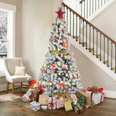 Produktbild von 1,5M Künstlich Weihnachtsbaum Set,Künstlicher beflockter Christbaum mit LEDs, Weihnachtskugeln Sternbaumspitze Weihnachtsdeko,für Büro/Weihnachten