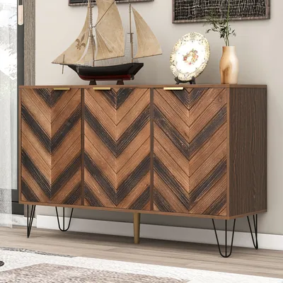 Produktbild von Merax Sideboard mit Fischgrätenmuster Nachbildung und Eisenfüße, Kommode mit 3 Türen und goldenen Metallgriffe, Highboard Holz, Anrichte, B/H/T: 120/76,5/38cm, Walnuss