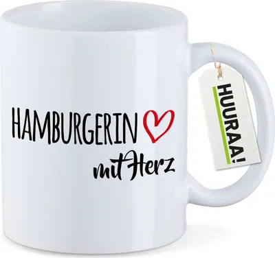 Produktbild von Huuraa Kaffeetasse Hamburgerin mit Herz 330ml Weiß Keramik Kaffeebecher Geschenkidee