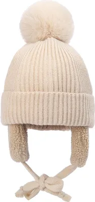 Produktbild von Kindermütze, dicke Wollstrickmütze mit Bommelverzierung, verlängerten Ohrenklappen, Fleecefutter, warme Wintermütze