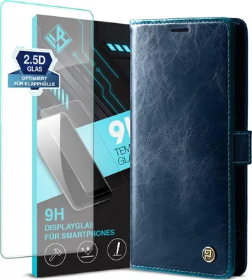 Produktbild von Handyhülle für Samsung Galaxy S24 Ultra mit 9H Displayglas Kunstleder Flip Vintage Cover Hülle RFID Schutz Case Kartenfach Farbe: Blau