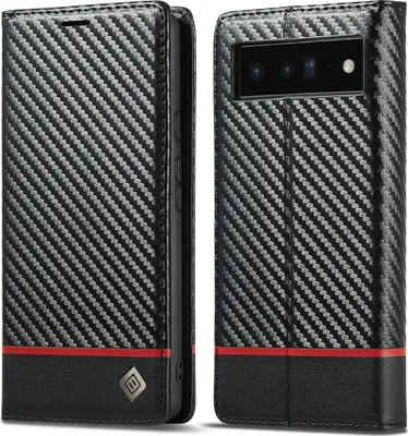 Obrázek produktu pro Pouzdro pro Google Pixel 6 Pro Karbónové kožené pouzdro s držákem karet, magnetem a stojánku černé Horizontální červené