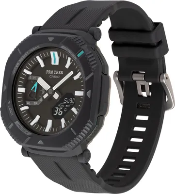 A close-up studio shot of a black Casio Pro Trek watch.