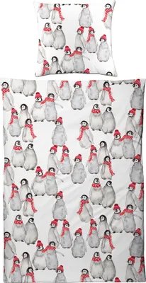 A pattern of watercolor penguins wearing red hats and scarves on a white background.