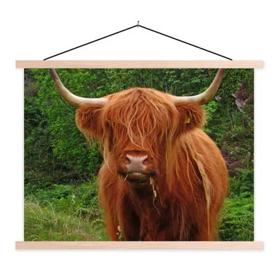 Produktbild von MuchoWow® Textilposter Schottischer Highlander - Kuh - Gras 120x90 cm mit holzfarbenen Rahmen - Magnetisch