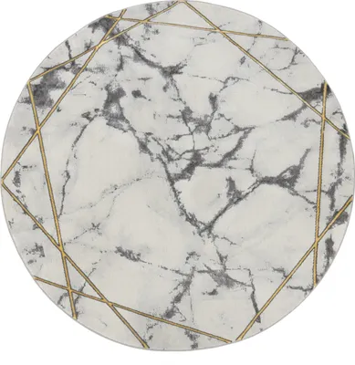 A round rug with a marble pattern and gold geometric lines.