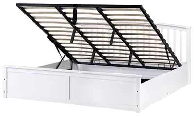 Produktbild von BELIANI Bett Weiß Kiefernholz mit Bettkasten Lattenrost 180x200 cm Hochklappbar Hohes Kopfteil Skandi-Stil Schlafzimmer Doppelbett Holzbett