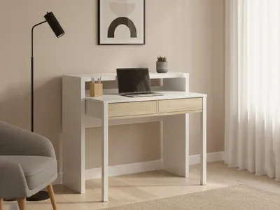 Immagine prodotto di Dmora Scrivania Andriy 36x98.5x87.5h cm Bianco, 2 Cassetti Supporto pc
