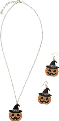 Produktbild von Fiestas Guirca - Kürbis-Ohrring und Halsketten Set, Halloween FG390 (Einheitsgröße) (Schwarz/Orange/Silber)