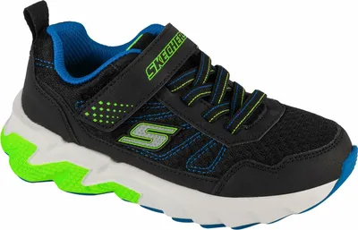 A single black sneaker with blue and green accents is shown against a white background.