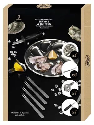 A product box for an oyster utensil set, displaying the contents and the product name in multiple languages.