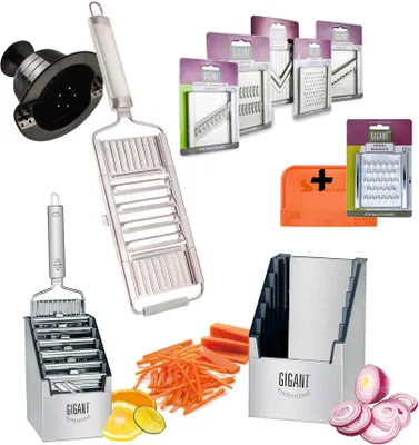 A collage of kitchen tools, specifically vegetable slicers and graters, along with some sliced vegetables.