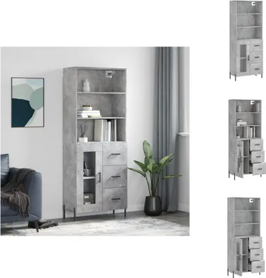 Productafbeelding van vidaXL Hoge kast, betonkleur, 69,5 x 34 x 180 cm, houtvezel - Dressoirs