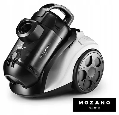 A studio shot of a black and white canister vacuum cleaner with the brand name 'MOZANO home' displayed.