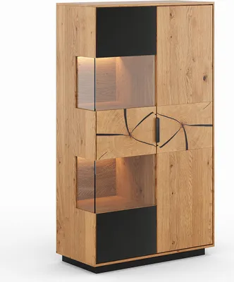 Produktbild von Wohnzimmer Highboard mit 83 cm Breite aus Eiche massiv geölt, stehend oder hängend montierbar, mit Hirnholz-Front, schwarzem Glas und LED-Beleuchtung - TIVAT-163