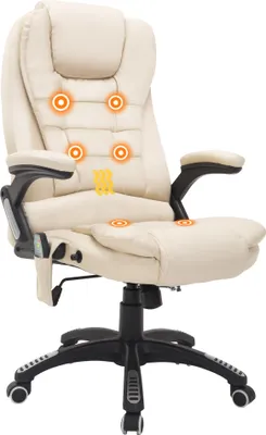 Zdjęcie produktu dla Fotel biurowy HOMCOM z funkcją masażu, ergonomiczny fotel biurowy z funkcją ogrzewania, funkcją odchylania i bujania, regulowany na wysokość i obrotowy w zakresie 360°, sztuczna skóra, kremowy