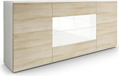 Produktbild von Vladon Sideboard Rova,  Germany, Kommode mit 4 Türen und 4 Schubladen, Weiß matt/Eiche sägerau/Weiß Hochglanz (166 x 72 x 35 cm)