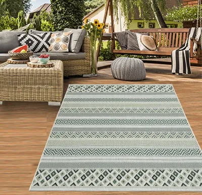 Produktbild von In- & Outdoor Teppich Sisal Optik Balkon Küche Wohnzimmer Terrasse gestreiftes Zickzack Rauten Diamantenmuster grün sand Größe - 200x280 cm