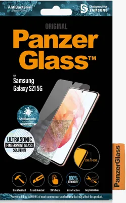 Obrázek produktu pro PanzerGlass ® Screen Protector Samsung Galaxy S21 5G, Samsung, Samsung - Galaxy S21 5G, Aplikace nasucho, Odolné proti poškrábání, Odolný proti nárazům, Antibakteriální, Průhledná, 1 kusů