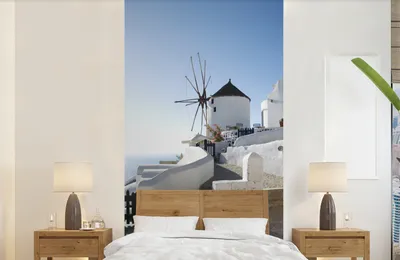 Image de MuchoWow® : Papier peint pour salon ou chambre, vinyle, motif : Éolienne sur l'île de Santorin, en Grèce, dimensions : 120x240 cm