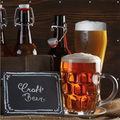 Produktbild von Wallario Outdoor-Poster für Garten oder Balkon, Motiv Biervarianten - Pils im Glas  Flaschenbier  Schild Craft Beer, in ca. 180 x 180 cm
