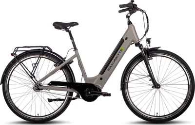 A studio shot of a gray electric bicycle against a white background.