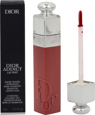 A product shot of a Dior Addict Lip Tint lipstick and its packaging.