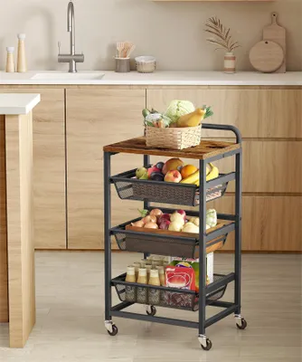 A kitchen scene with a rolling cart filled with fruits, vegetables, and jars.