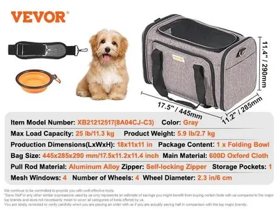 Produktbild von Transportbox für Haustiere, 4 Räder, atmungsaktives Mesh, strapazierfähiger Oxford-Stoff, Grau 25lbs