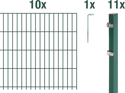 Produktbild von Alberts Doppelstabmattenzaun 6-5-6, Matten 2,50 m, Höhe 2,03 m, Länge 25 m, grün, Zaun als Komplettset, Pfosten mit Klemmlasche 60x40 mm
