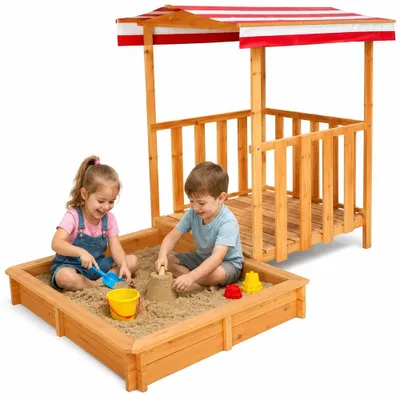 Produktbild von Mucola Beigekasten mit Sonnendach und Spielveranda Spielhaus Beigebox Beigekiste Holz Kinder HolzBeigekasten UV Schutz - Rot / Weiß