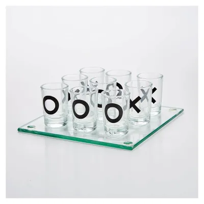 Produktbild von Glas Trinkspiel Tic Tac Toe mit 9 Gläsern, Spielfeldgröße 13 x 13 cm