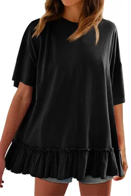 Produktbild von Locker sitzendes Damen-T-Shirt mit Rüschen – Rundhalsausschnitt, Falten, Babydoll-Stil